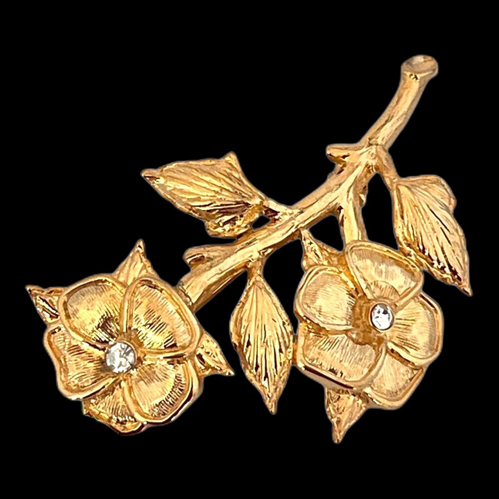 Vintage 1990s Joan Rivers Floral Branch Brooch Gold Tone Crystal - 6R